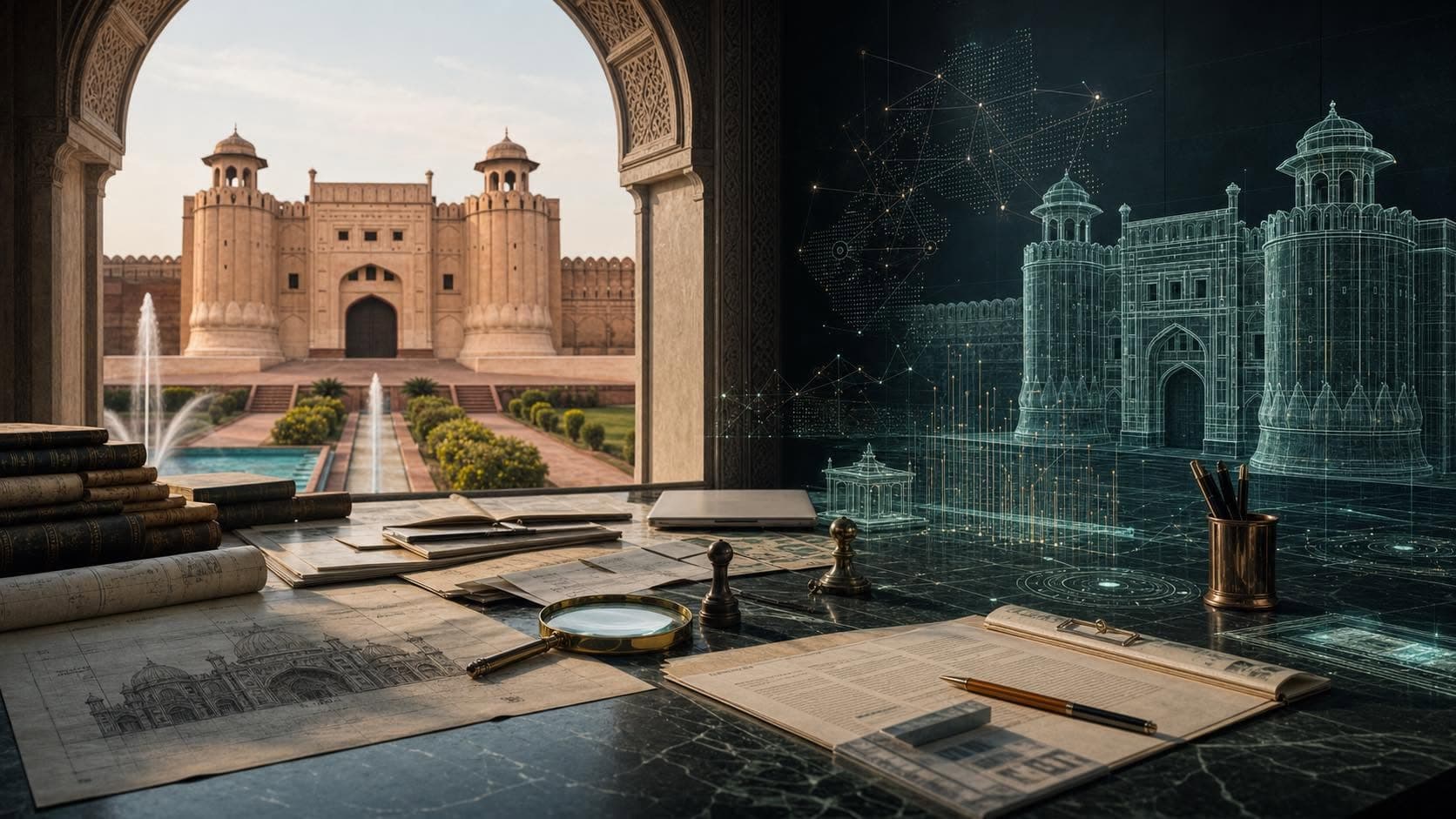 A working desk between historical architecture and an evolving institutional map